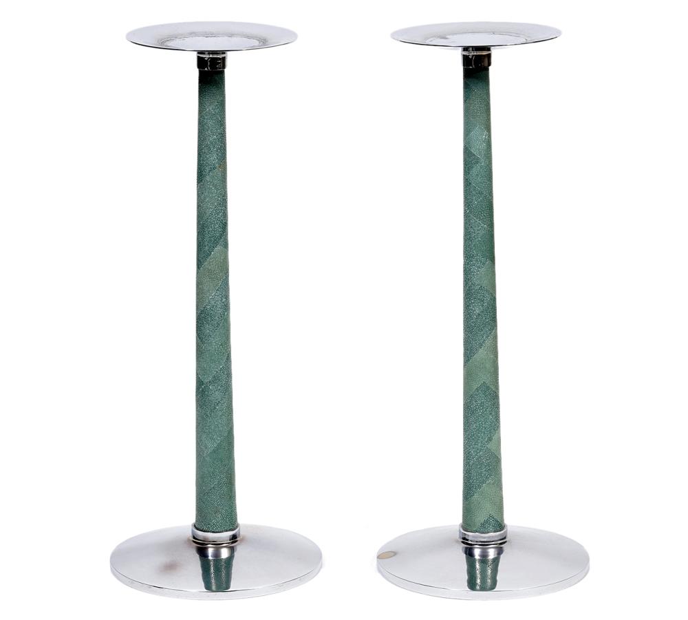 PAIR OF SHAGREEN & CHROME CANDLE HOLDERSPair