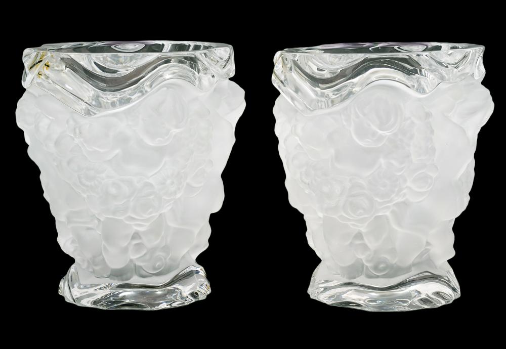 PR. LALIQUE CHERUB VASES, FROSTED