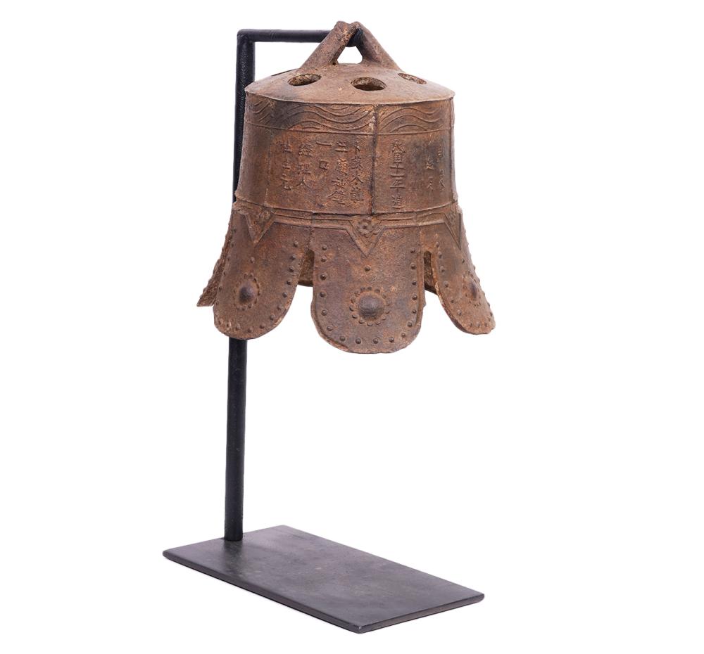 CHINESE IRON TEMPLE BELL ON STANDChinese