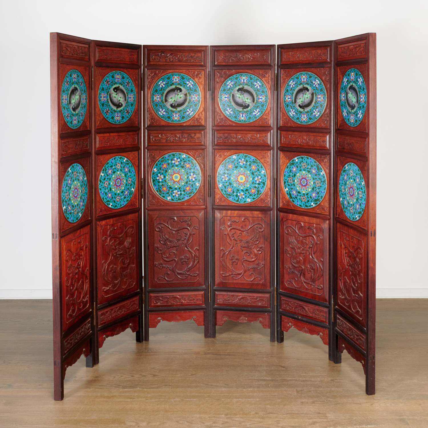 CHINESE HARDWOOD, CLOISONNE 6-PANEL