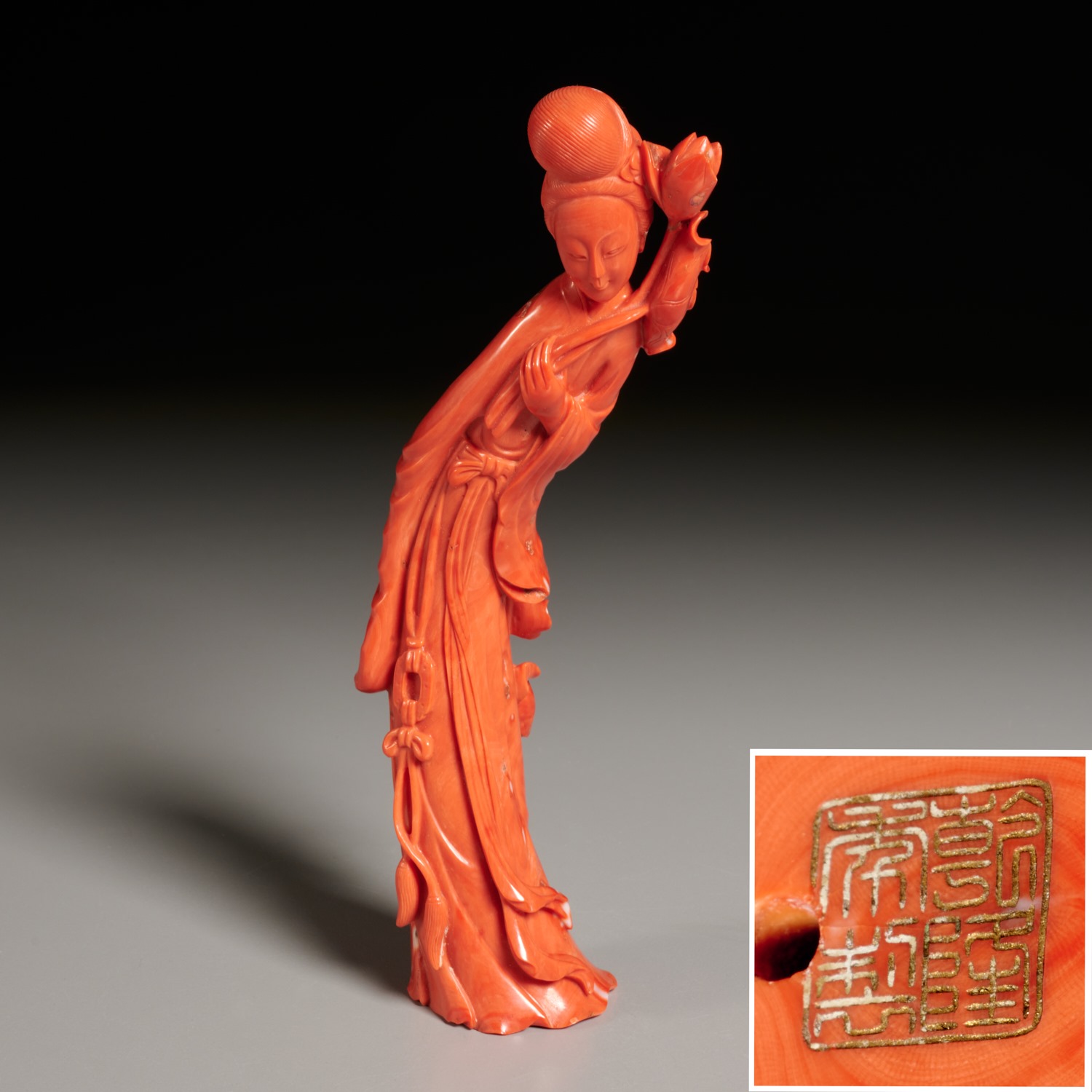 CHINESE CARVED CORAL FIGURE OF