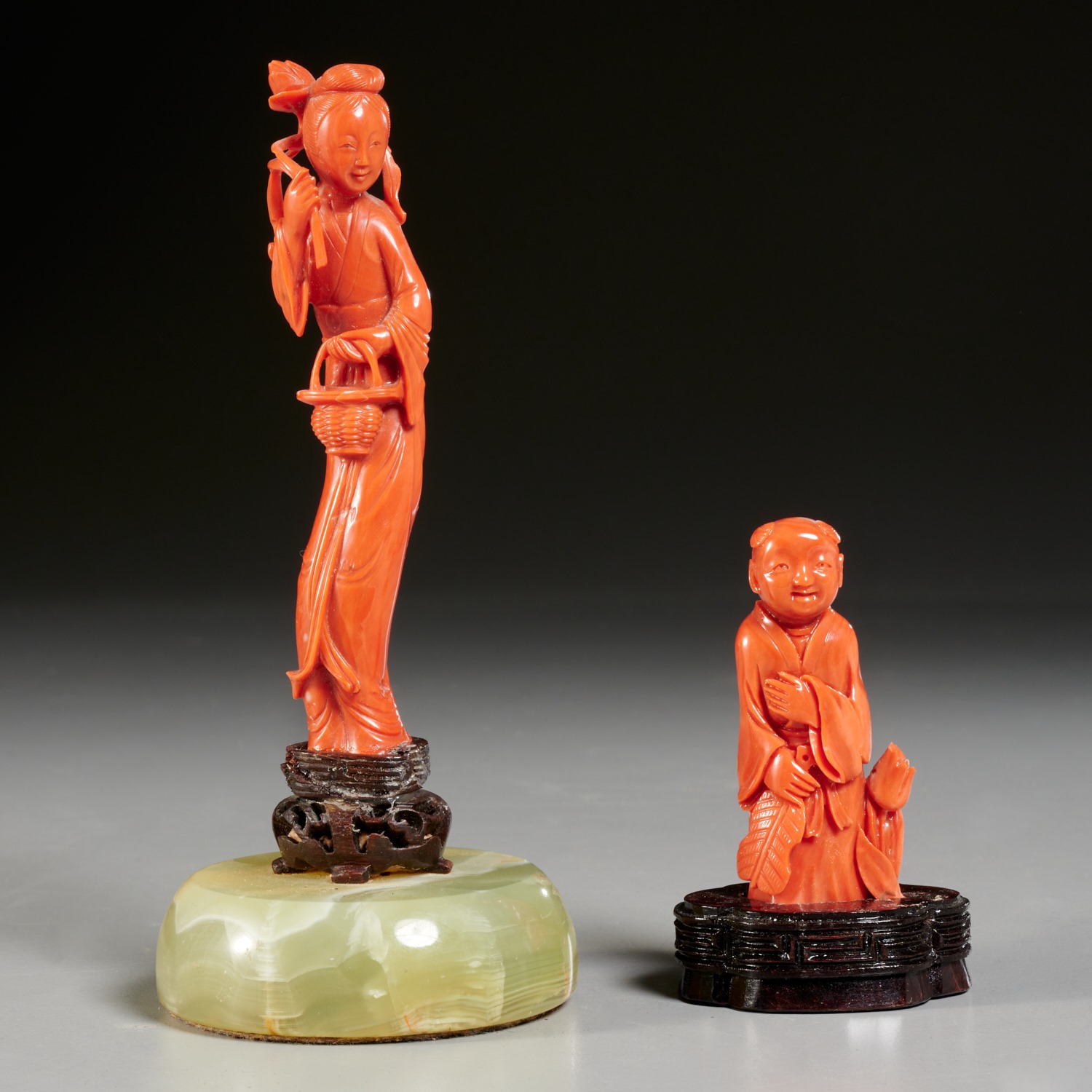 (2) CHINESE CARVED CORAL FIGURES