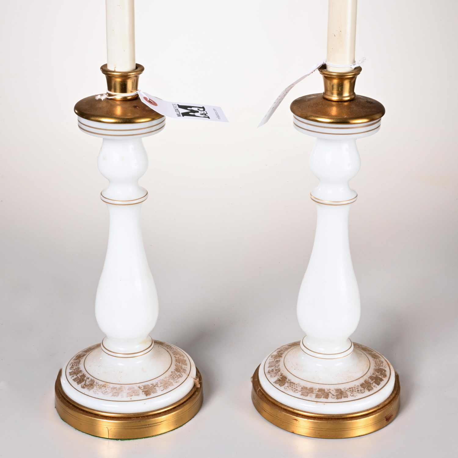 PAIR GILT WHITE OPALINE GLASS TABLE