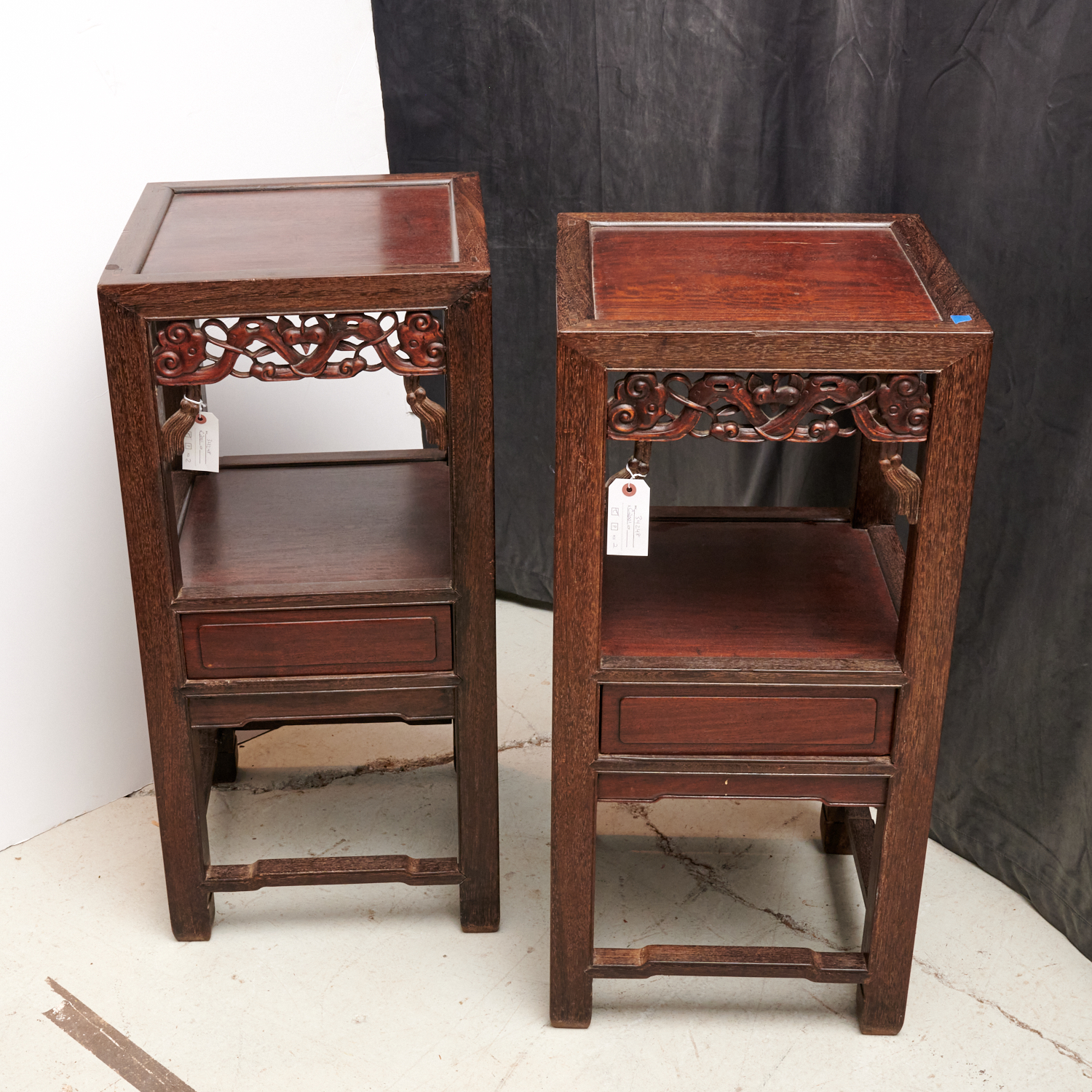 PAIR CHINESE CARVED HARDWOOD TIERED