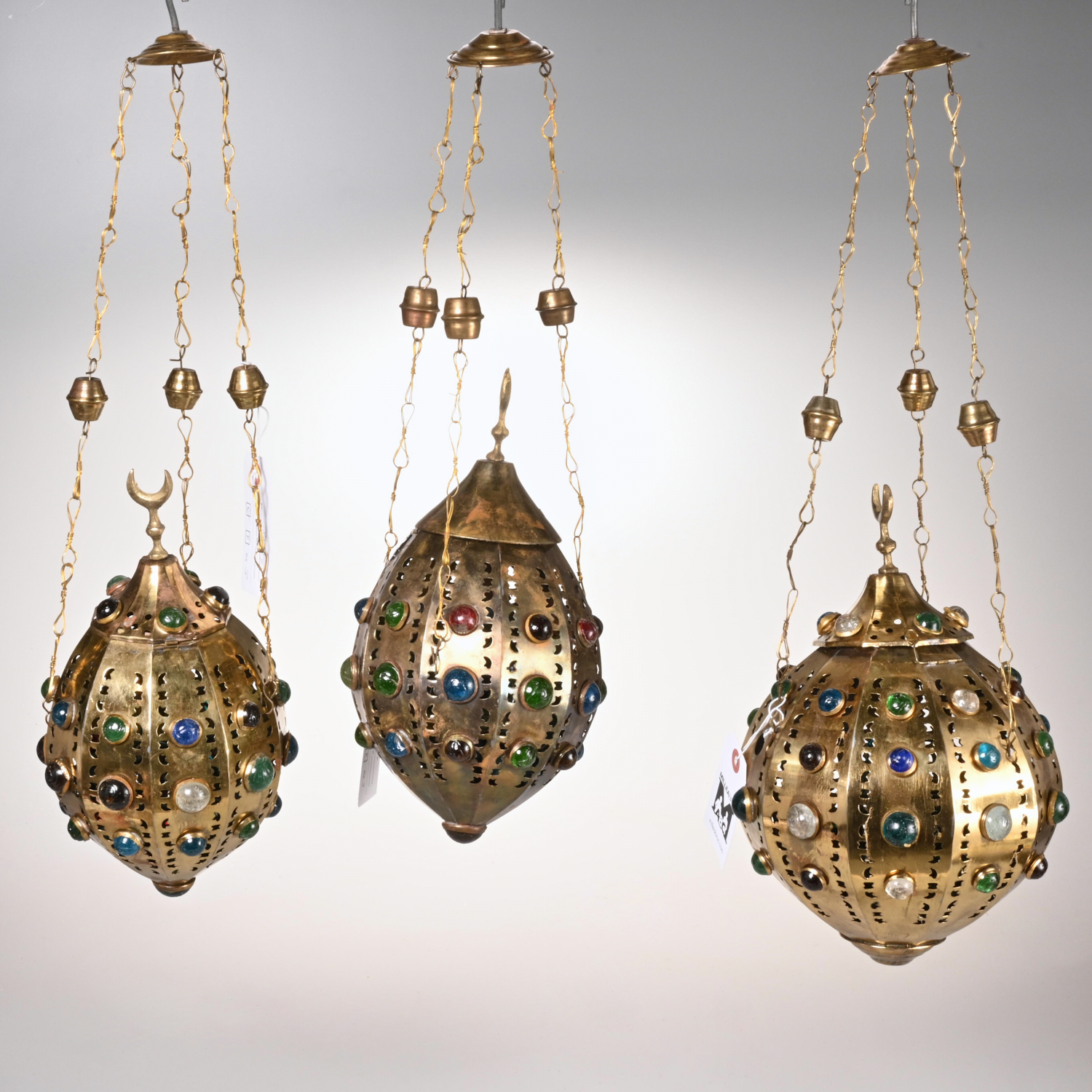 (3) MOROCCAN JEWELED BRASS HANGING
