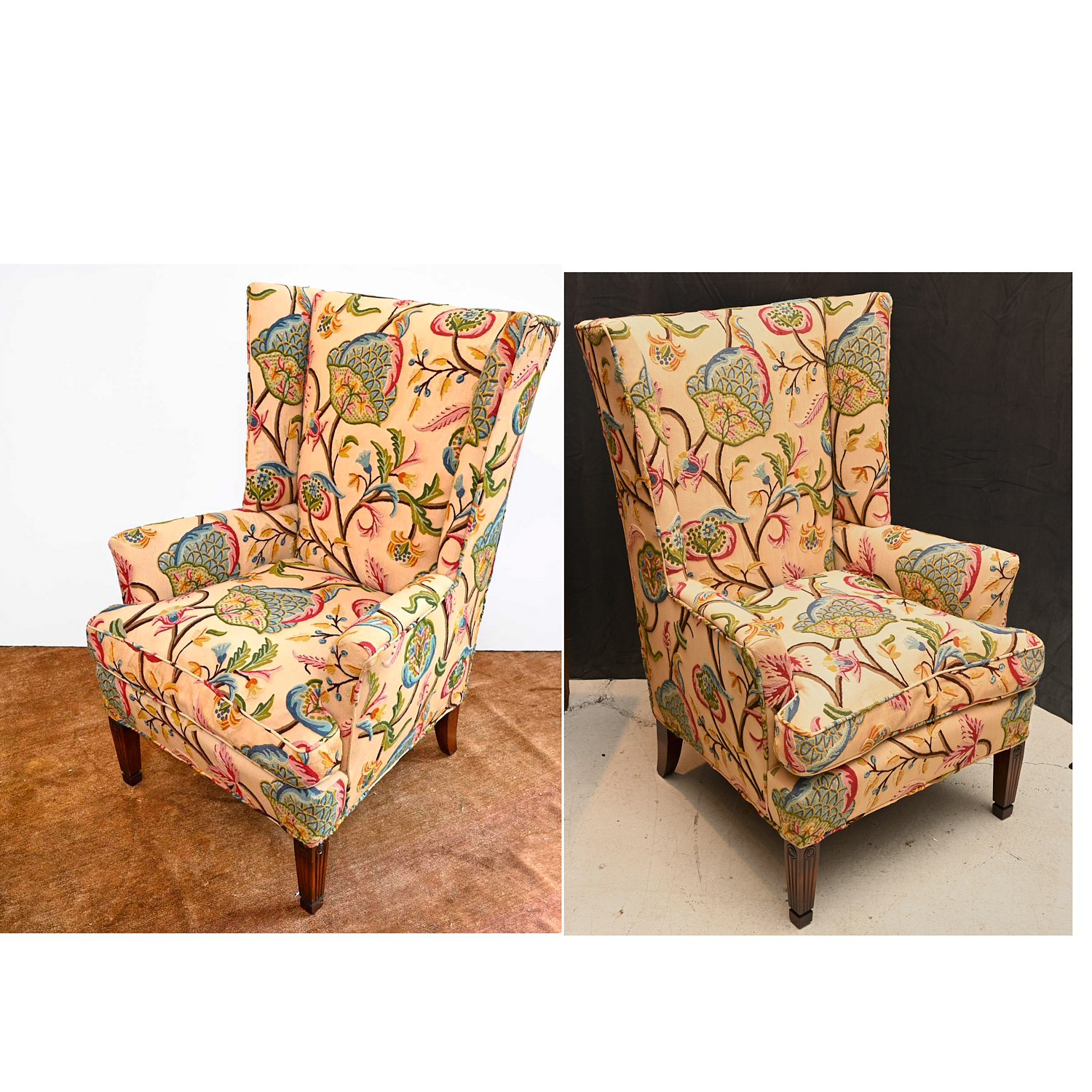 NICE PAIR CREWELWORK UPHOLSTERED