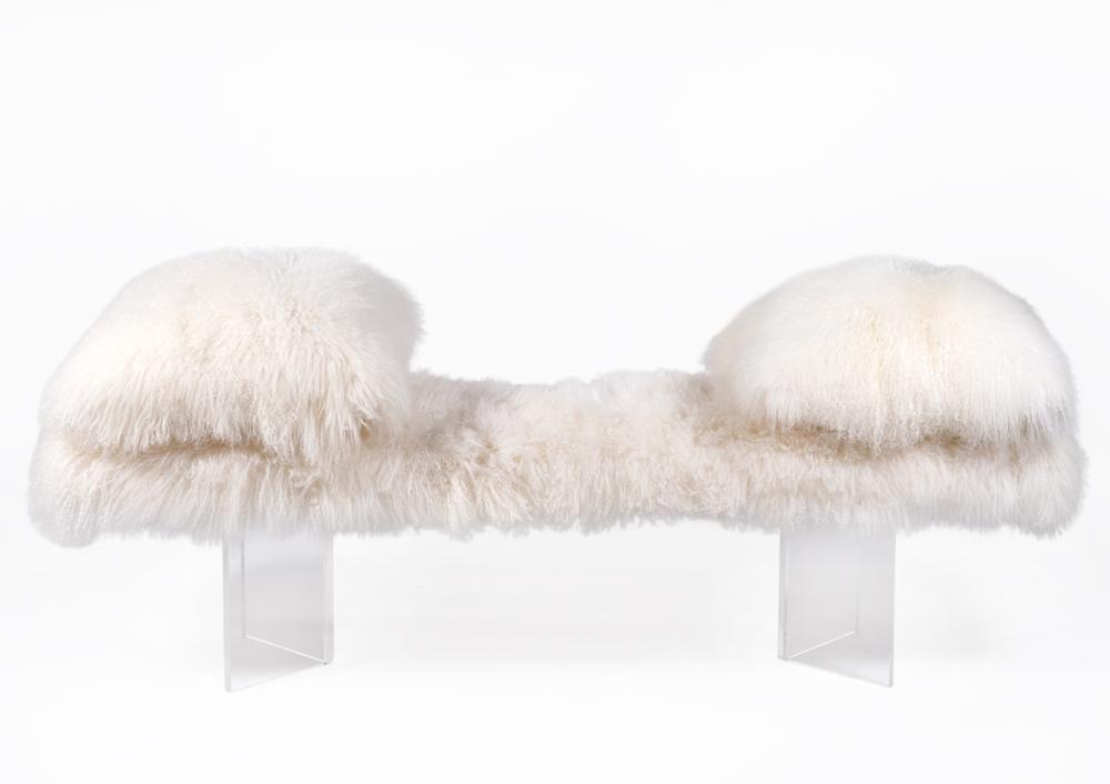 LUCITE AND WHITE FAUX FUR BENCH & 2