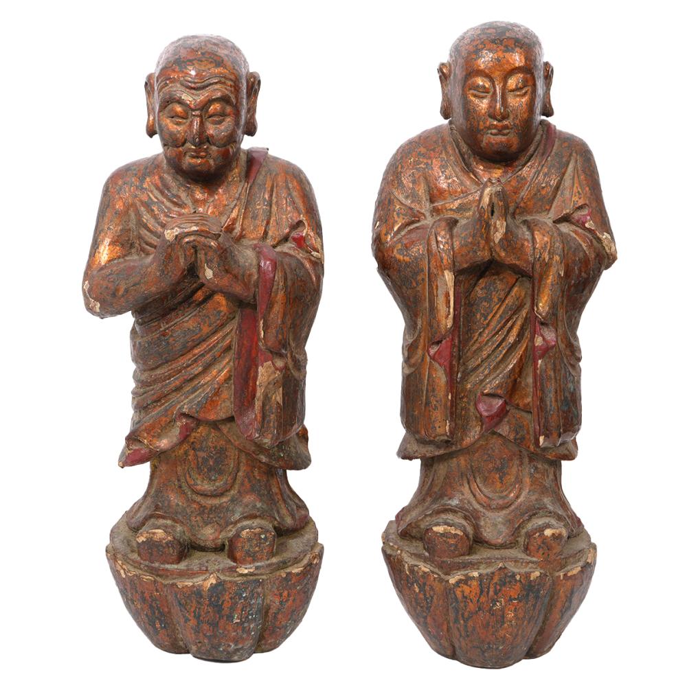 2 CHINESE CARVED WOOD PRAYING LOHAN