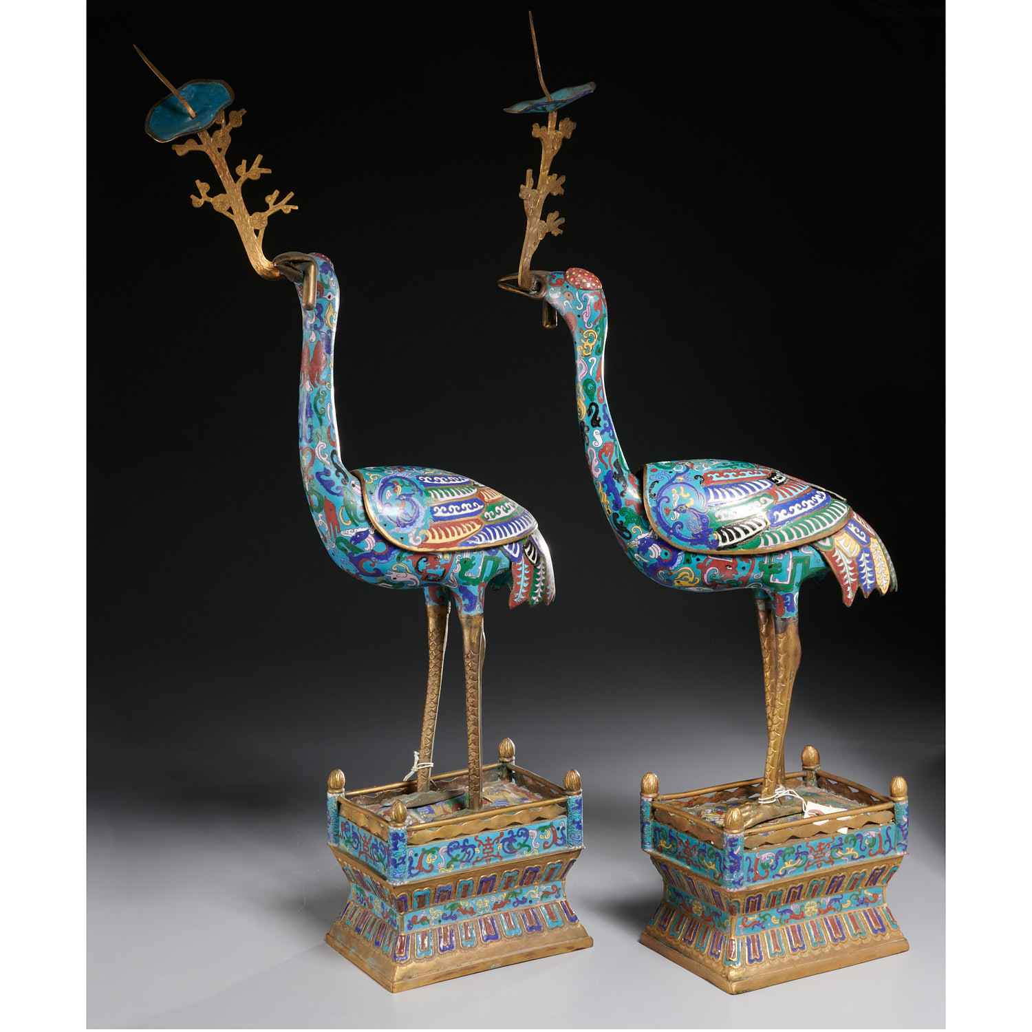 PAIR CHINESE CLOISONNE CRANE PRICKETS