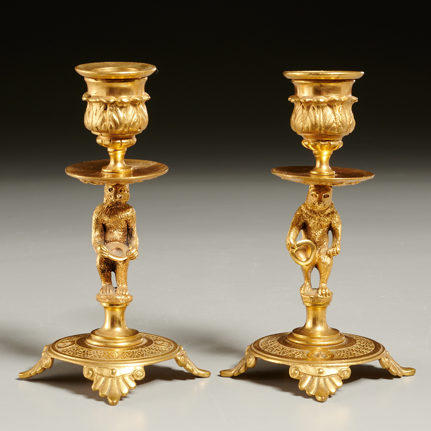 RUSSIAN ORMOLU PERFORMING BEAR CANDLESTICKS