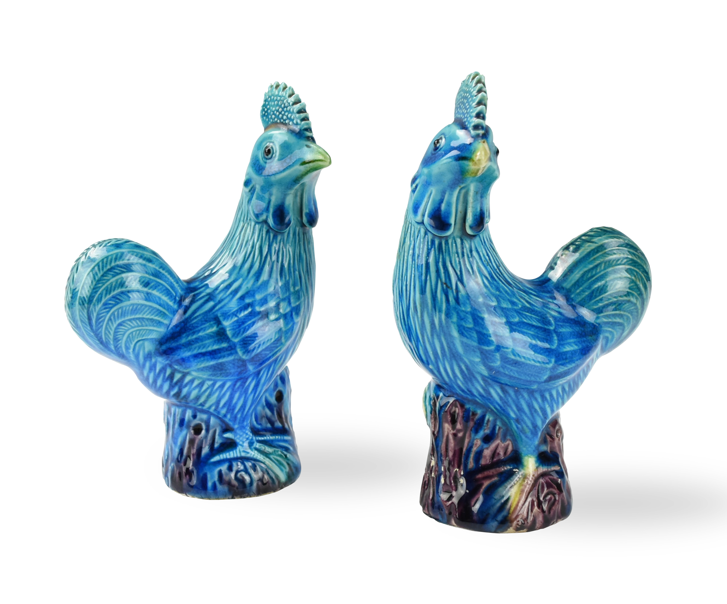 PAIR OF TURQOUISE GLAZED COCKERELS 2ceb3d