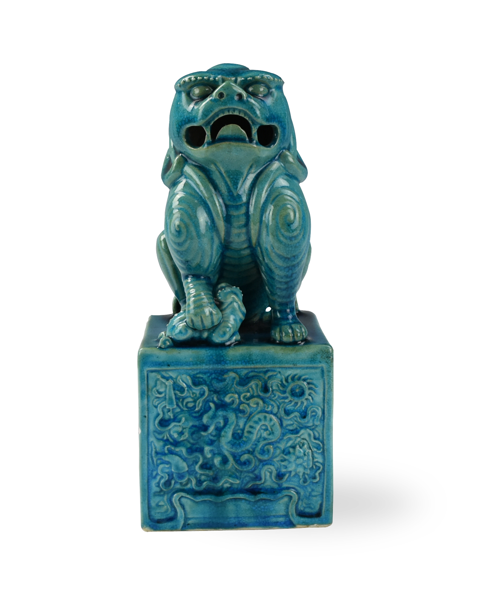 CHINESE PEACOCK BLUE GLAZED FOO-DOG,