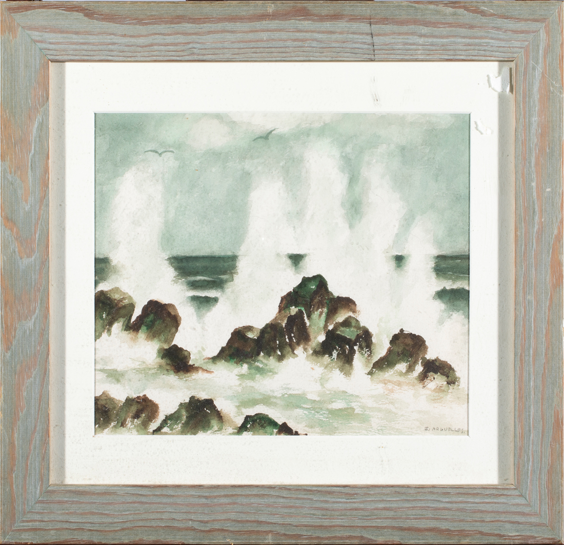 WATERCOLOR, WAVES ON A ROCKY COAST American