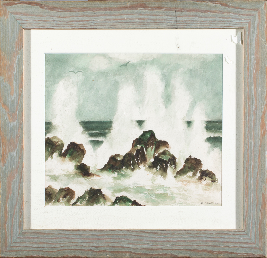 WATERCOLOR, WAVES ON A ROCKY COAST