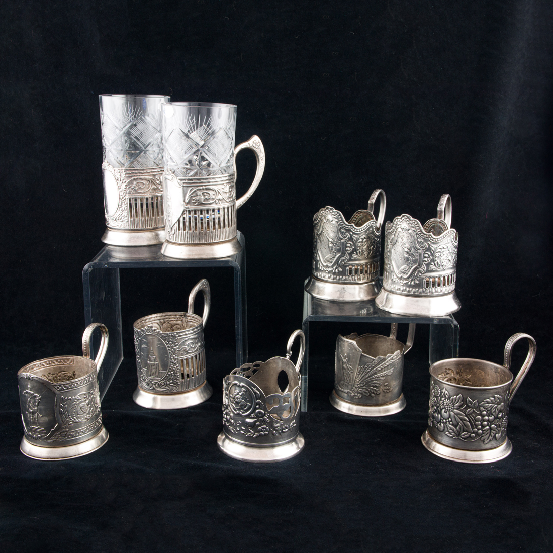 A (LOT OF 9 ) RUSSIAN PLATED TEA GLASS