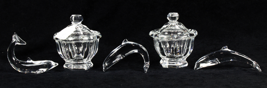 THREE BACCARAT GLASS DOLPHINS AND