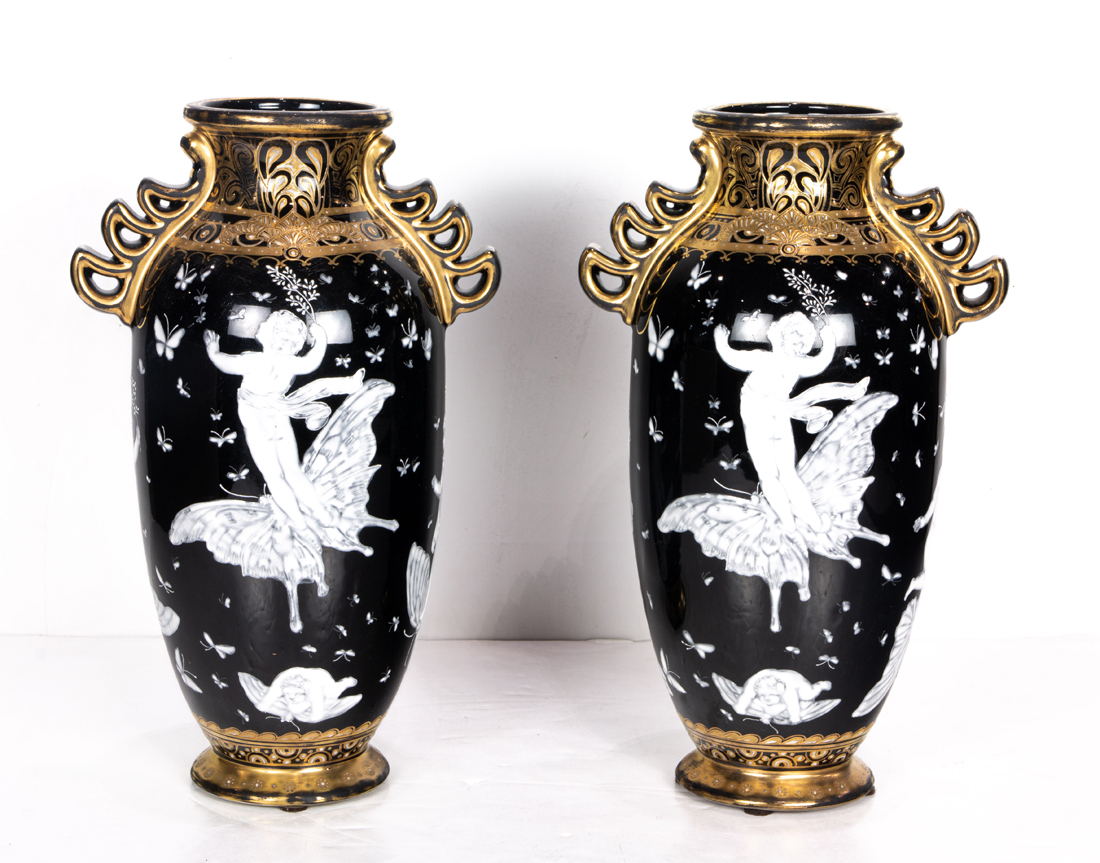 PAIR OF MINTON STYLE ENAMEL DECORATED