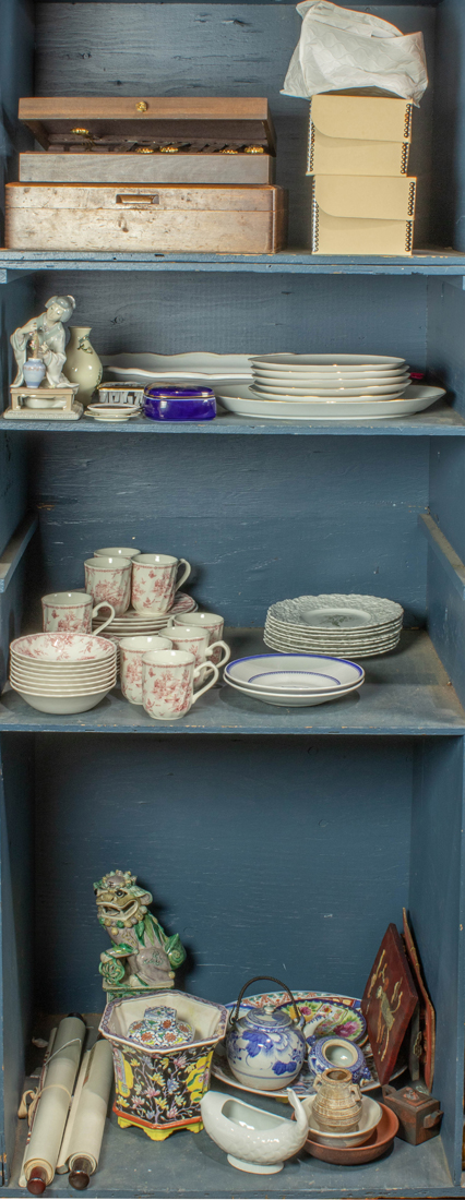 FOUR SHELVES OF DECORATIVE ART