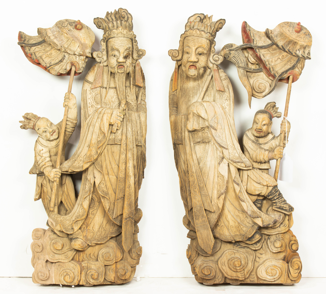 PAIR OF CHINESE DAOIST WOOD CARVINGS