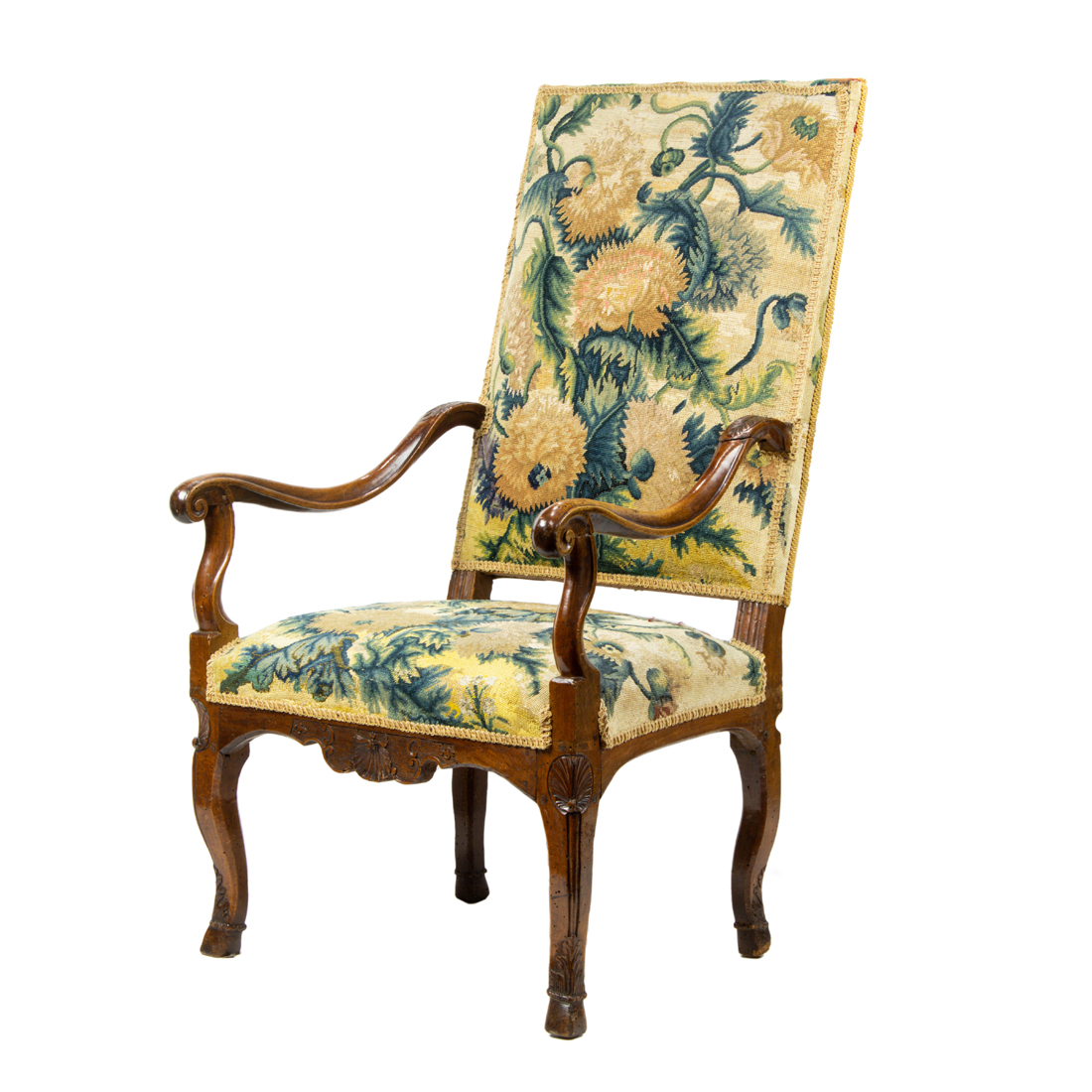 A FRENCH CARVED HALL CHAIR CIRCA