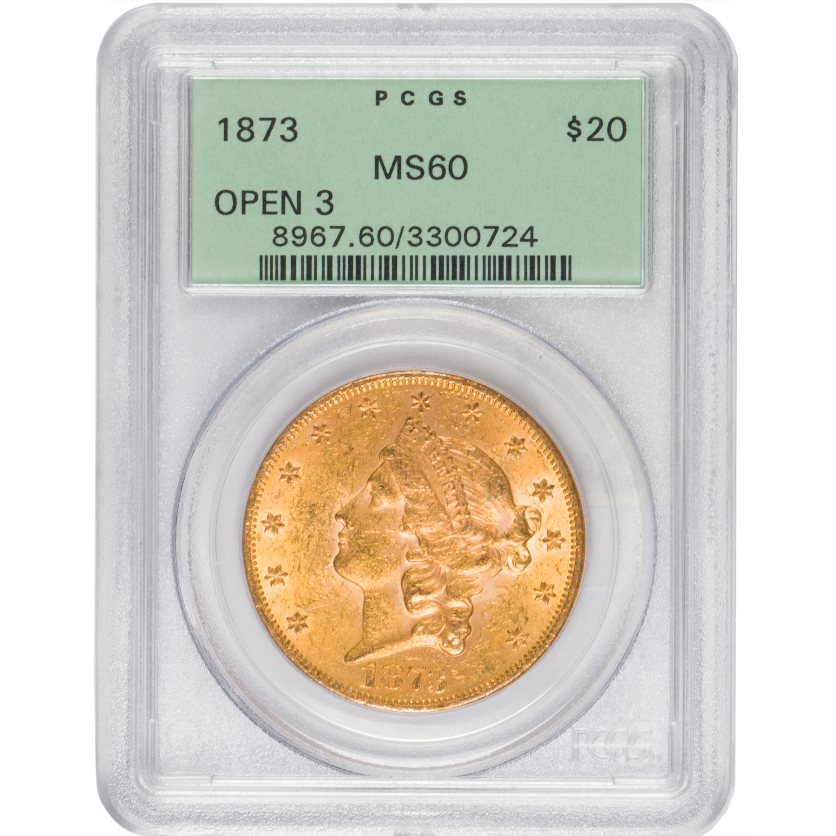 1879 OPEN 3 $20 GOLD COIN, PCGS,