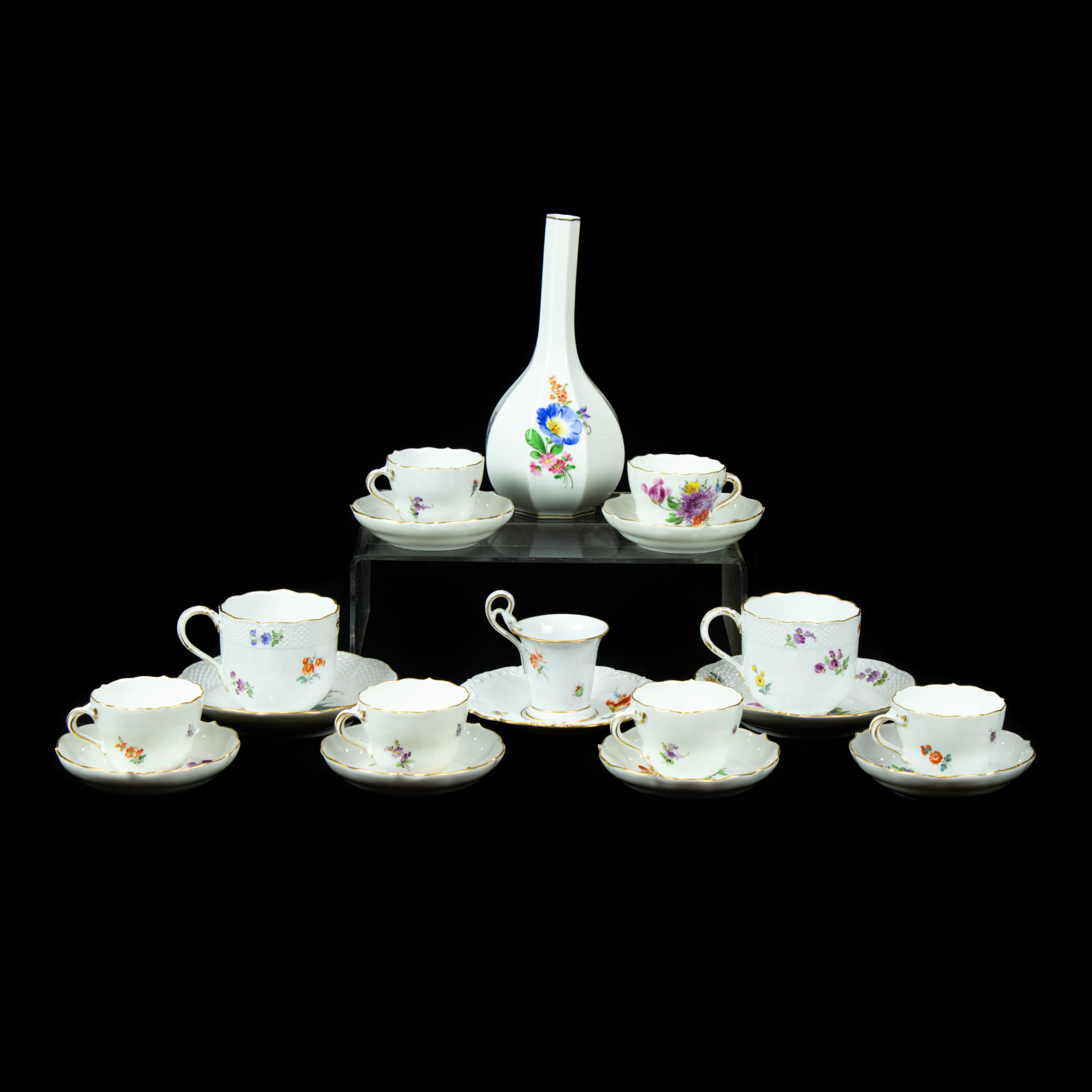 MEISSEN PORCELAIN CUPS, SAUCERS