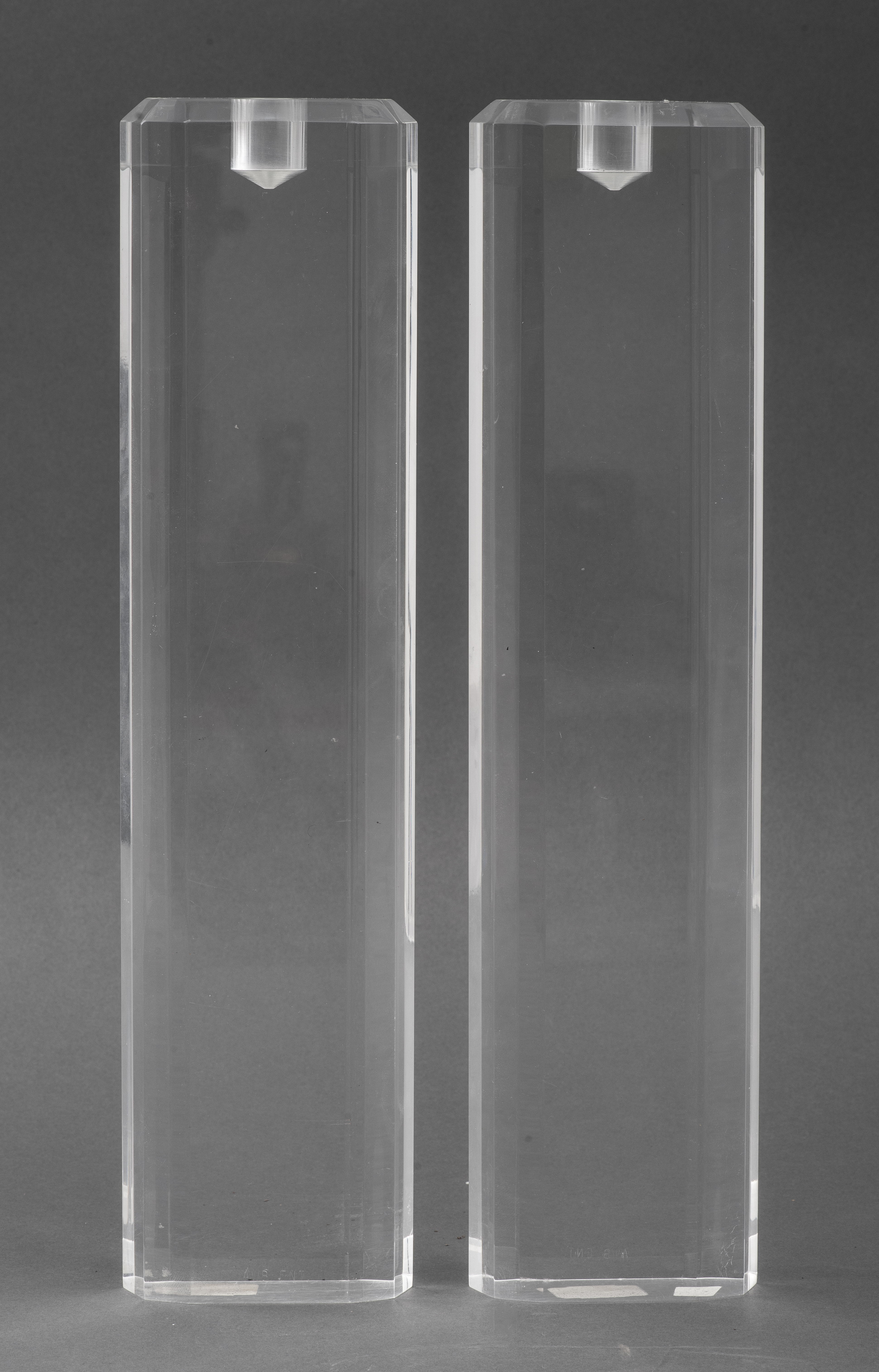 TALL LUCITE CANDLESTICKS PAIR 2d1cbb