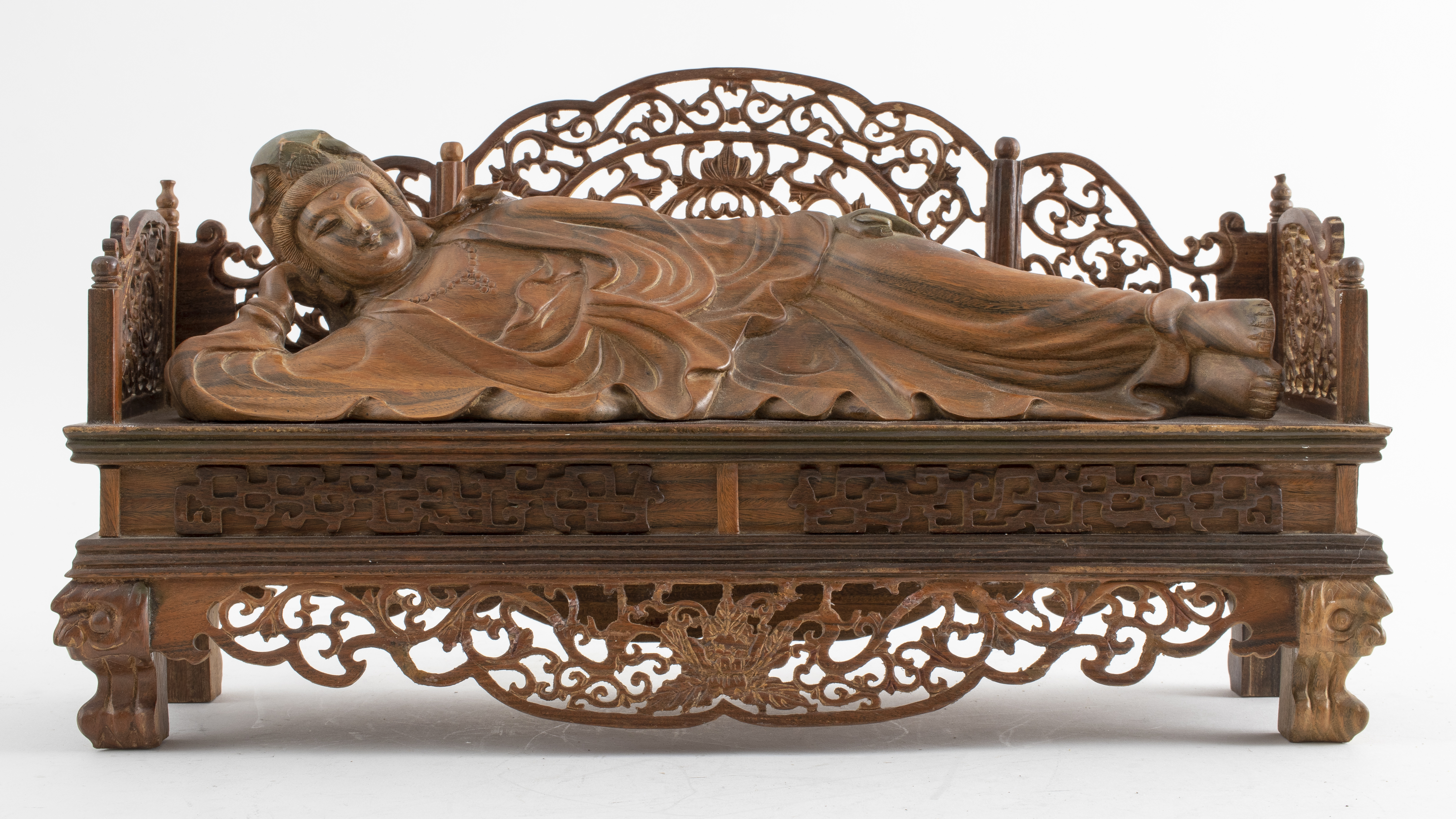 CHINESE WOOD RECLINING GUAN YIN ON DAY