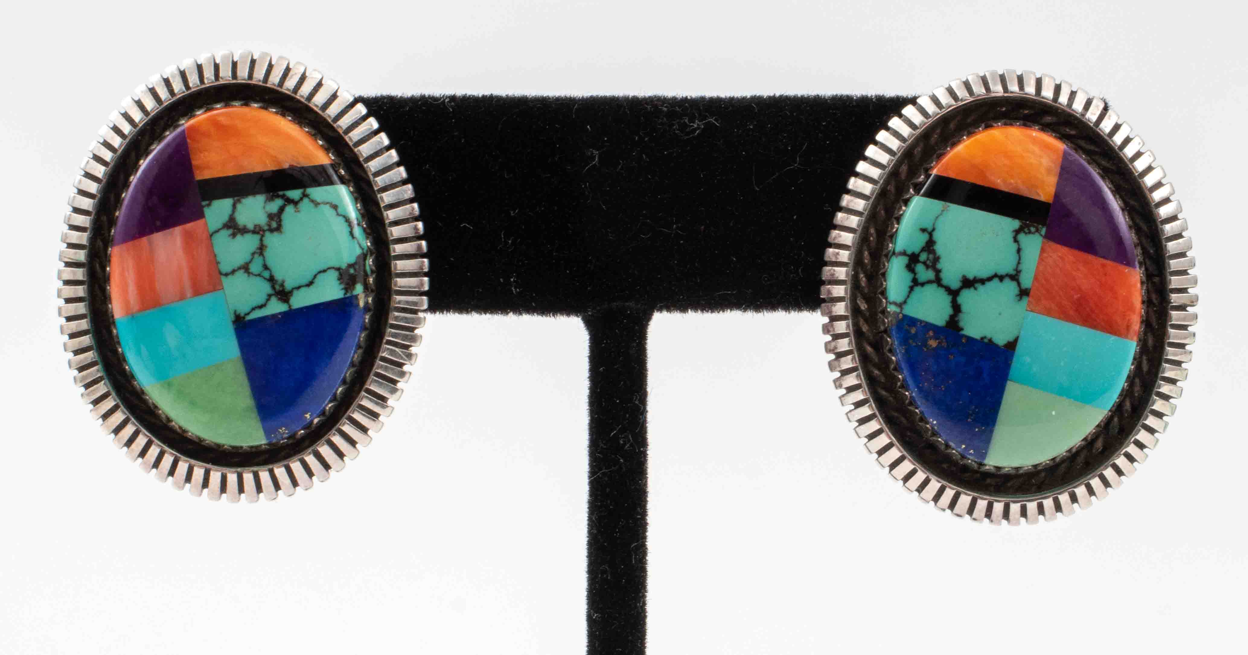 NAVAJO SILVER MULTI-STONE INLAY EARRINGS