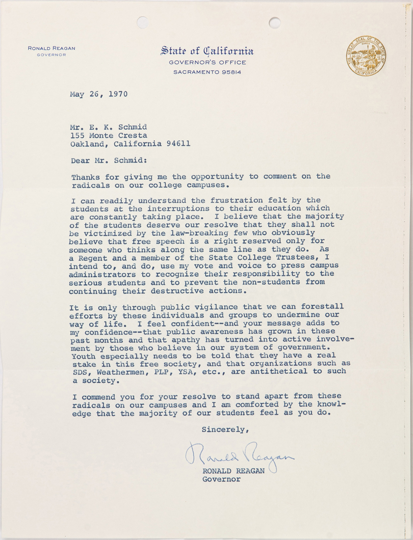 SIGNED GOVERNOR RONALD REAGAN LETTER