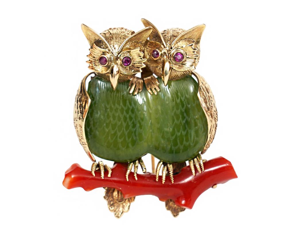 WHIMSICAL JADE, CORAL, RUBY & GOLD OWL