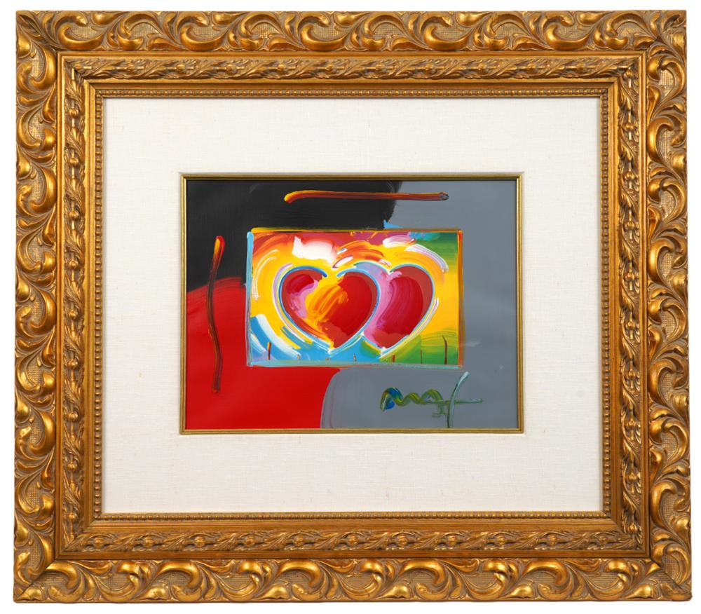 PETER MAX TWO HEARTS MIXED MEDIA PAINTINGPeter