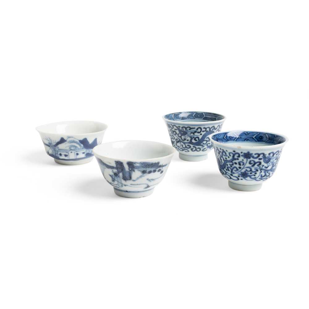 GROUP OF FOUR BLUE AND WHITE CUPS QING 2d0ae2