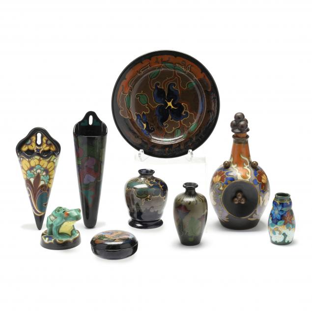 GROUP OF NINE GOUDA POTTERY ITEMS