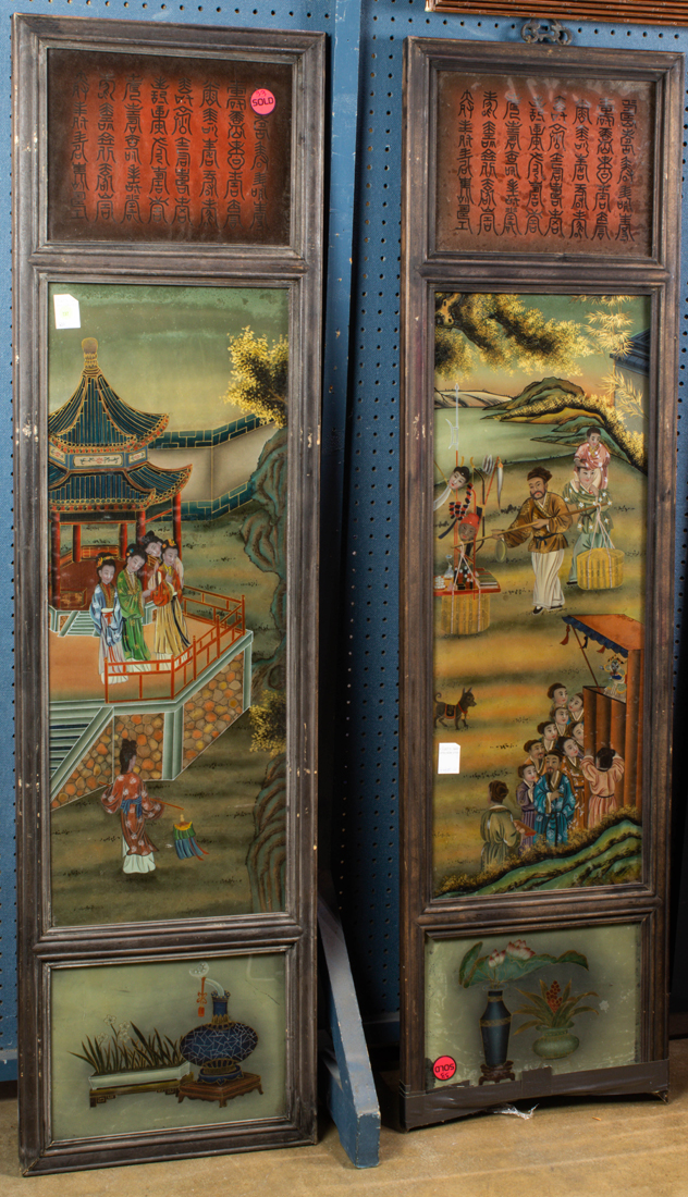 PAIR OF REVERSE PAINTED GLASS PANELS