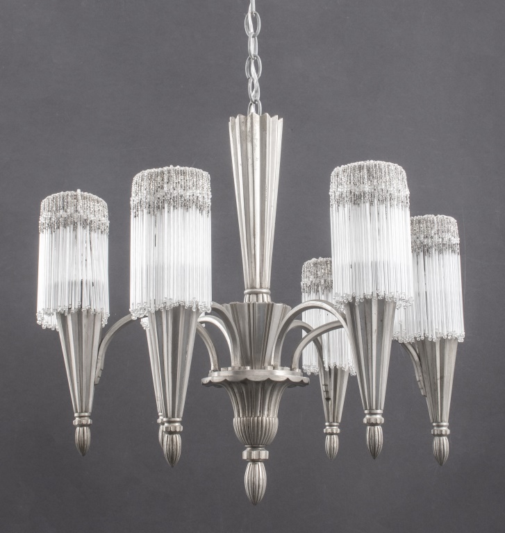 ART DECO SILVERED BRONZE 6 ARM CHANDELIER