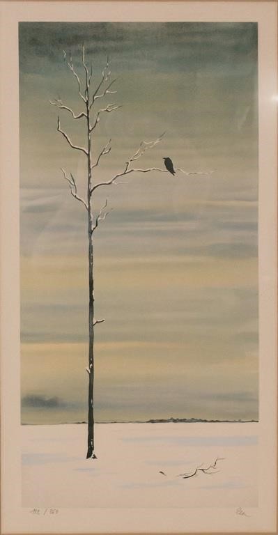 SIGNED LITHOGRAPH BIRD IN WINTER