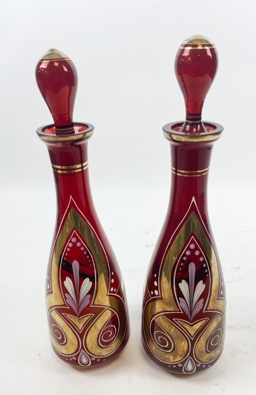 PAIR OF BOHEMIAN RUBY GLASS DECANTERSPair