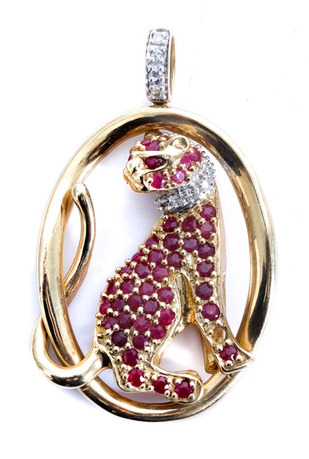 10K YG DIAMOND RUBY FIGURAL FELINE 2d507c