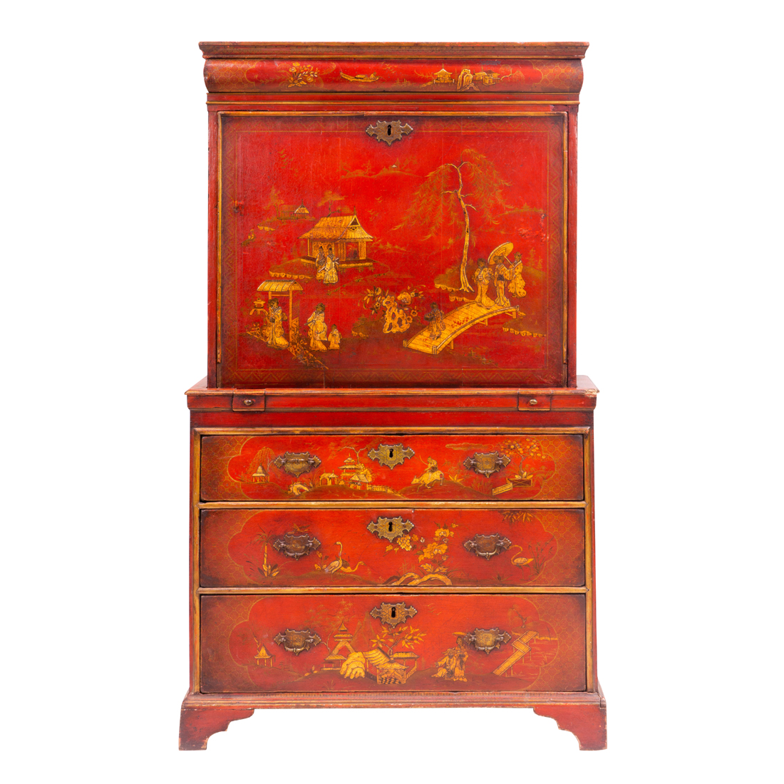 GEORGIAN RED LACQUER JAPANNED SECRETAIRE