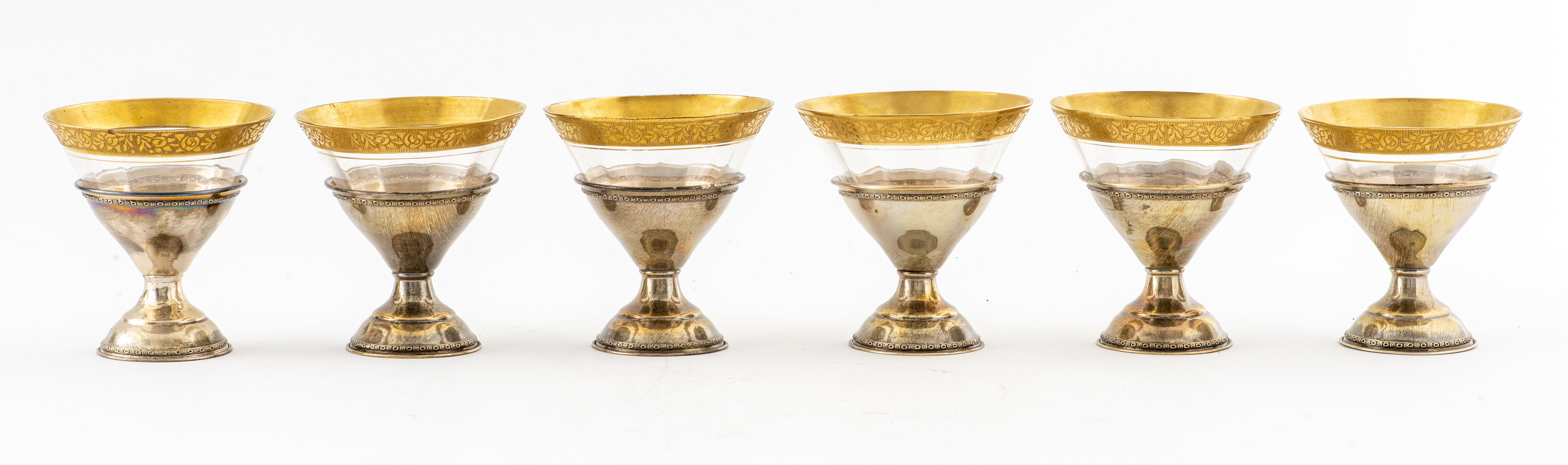 STERLING SILVER AND GILT GLASSES, 6