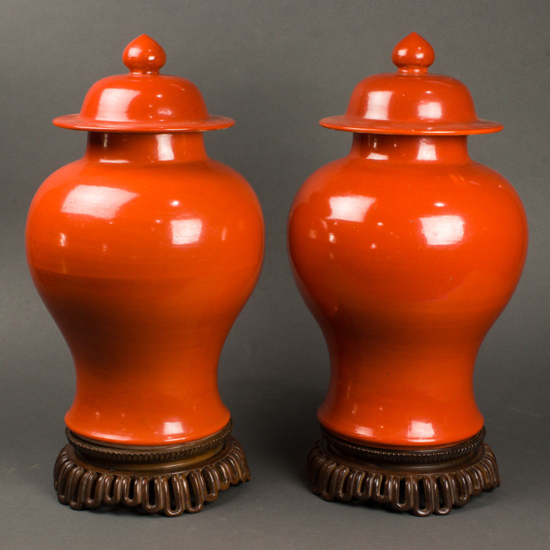 PAIR OF CHINESE CORAL RED JARS 2d2e22