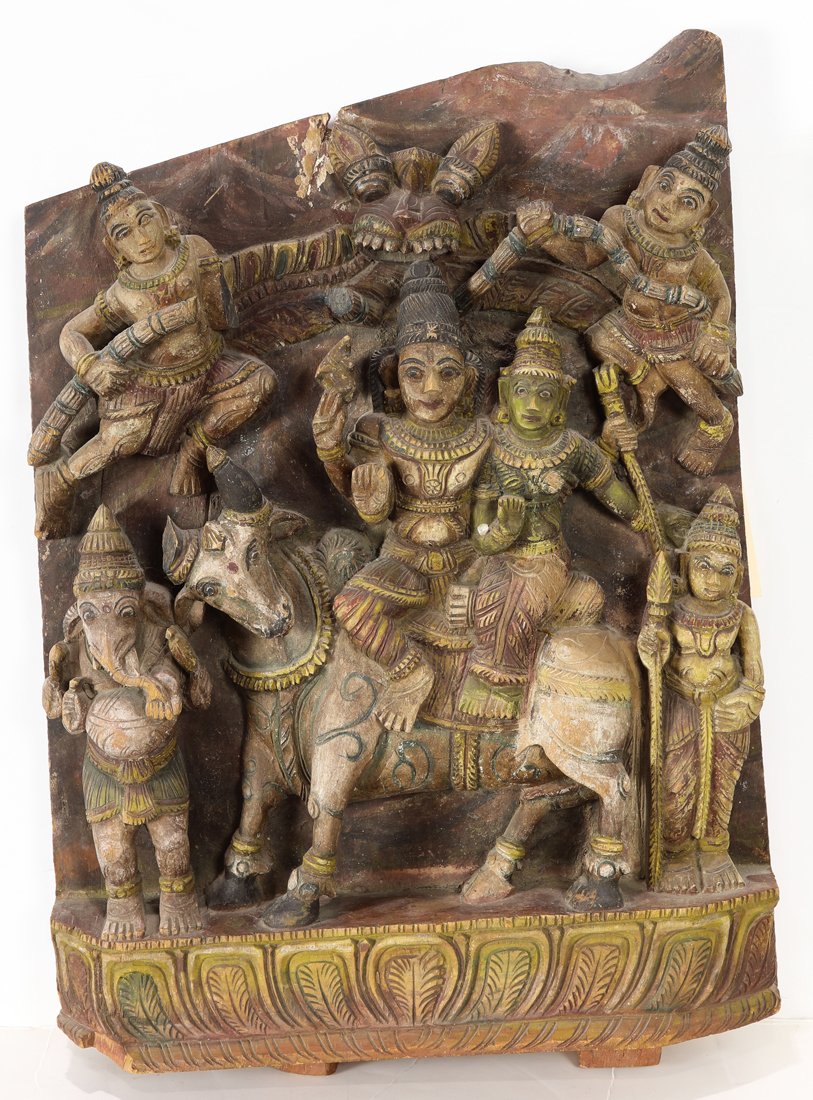 INDIAN CARVED WOOD WALL RELIEF, 20.75H