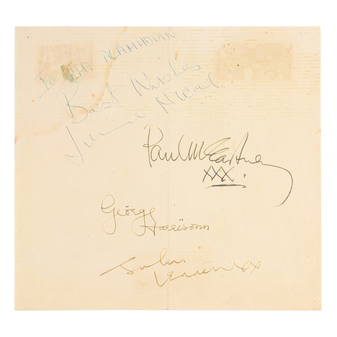 SIGNED BEATLES LEAF OF PAPER TO 2d2f88