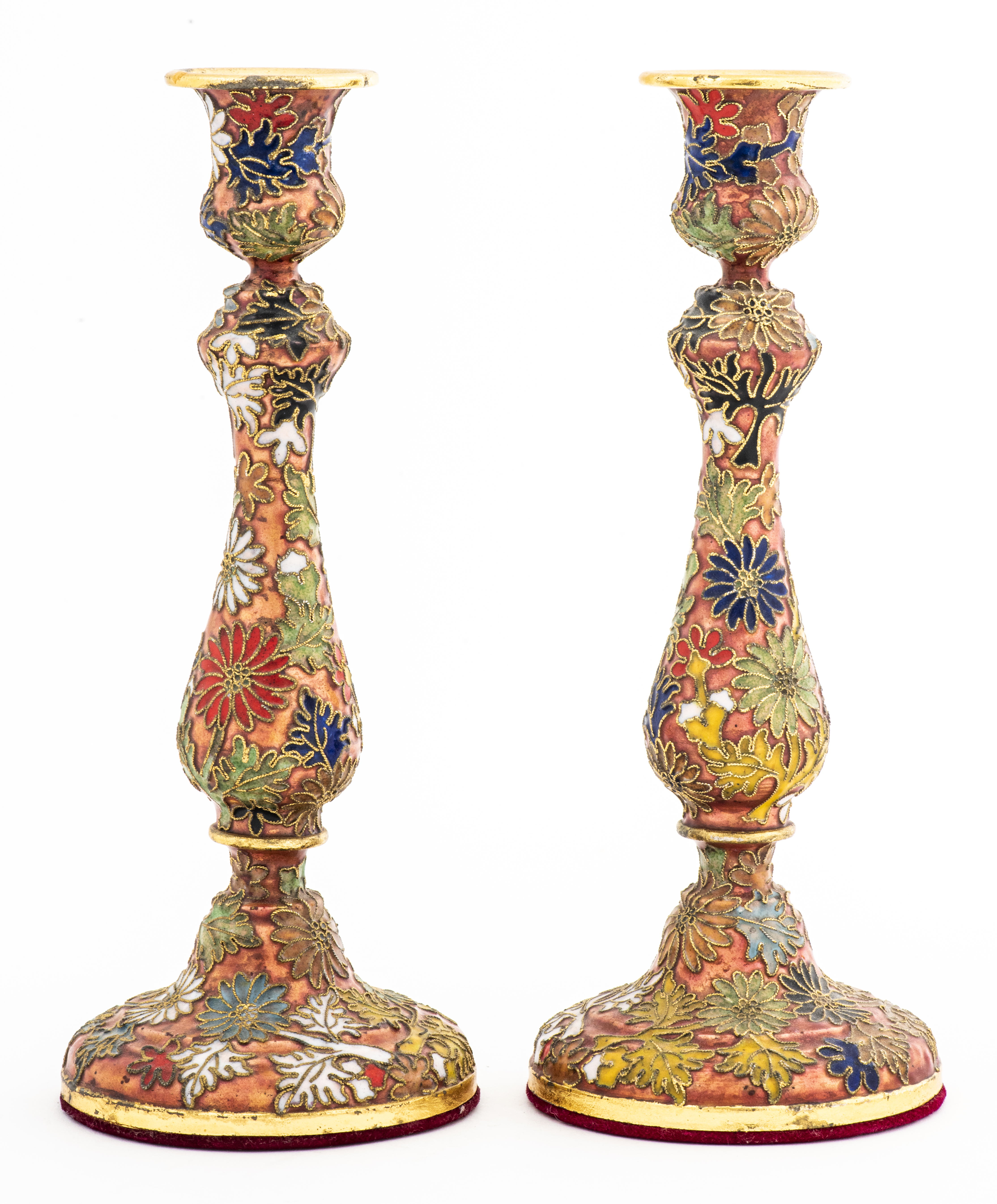 FLORAL ENAMEL CANDLESTICKS, PAIR