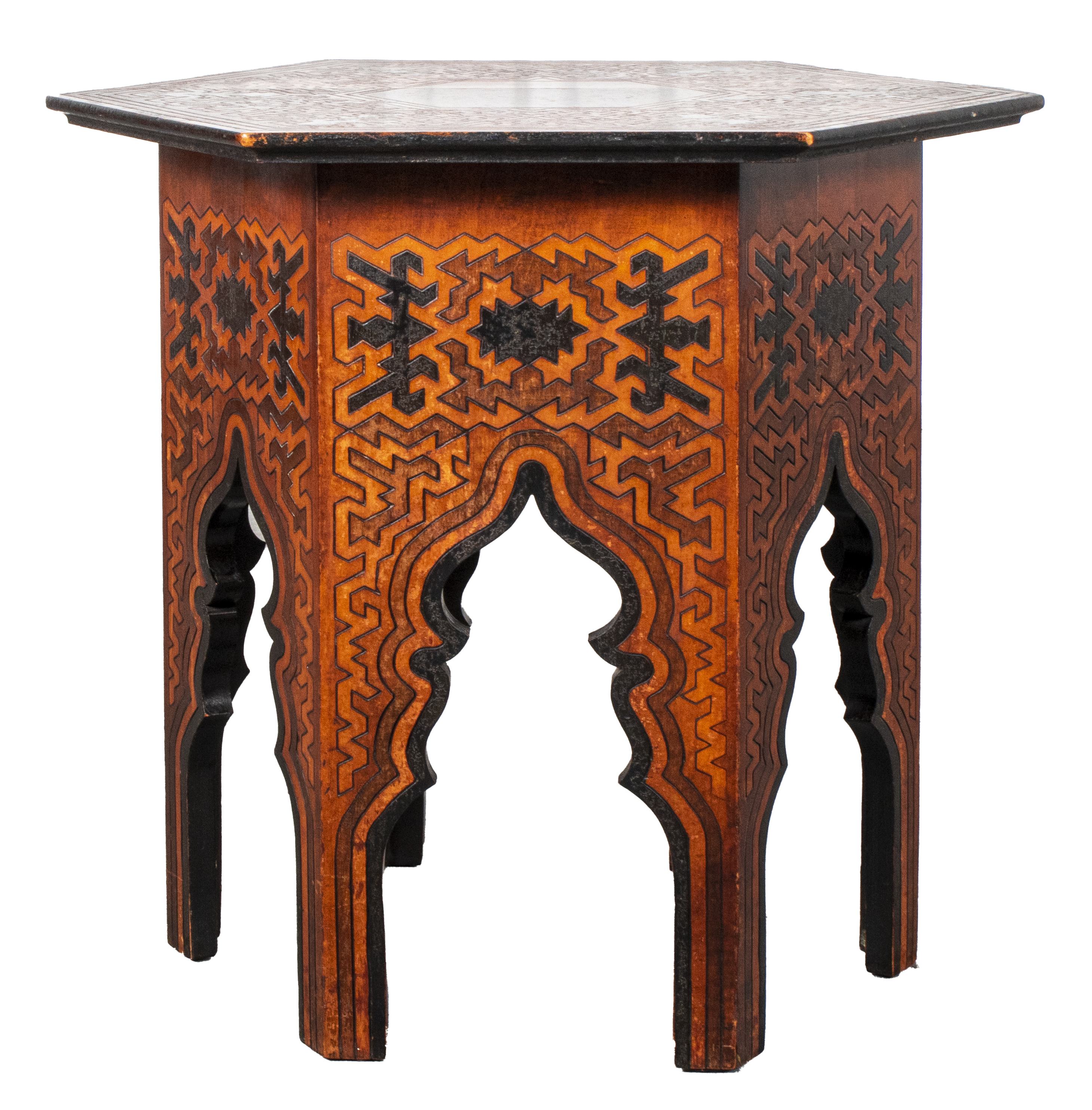 ORIENTALIST PYROGRAPHIC SIDE TABLE 2d3922