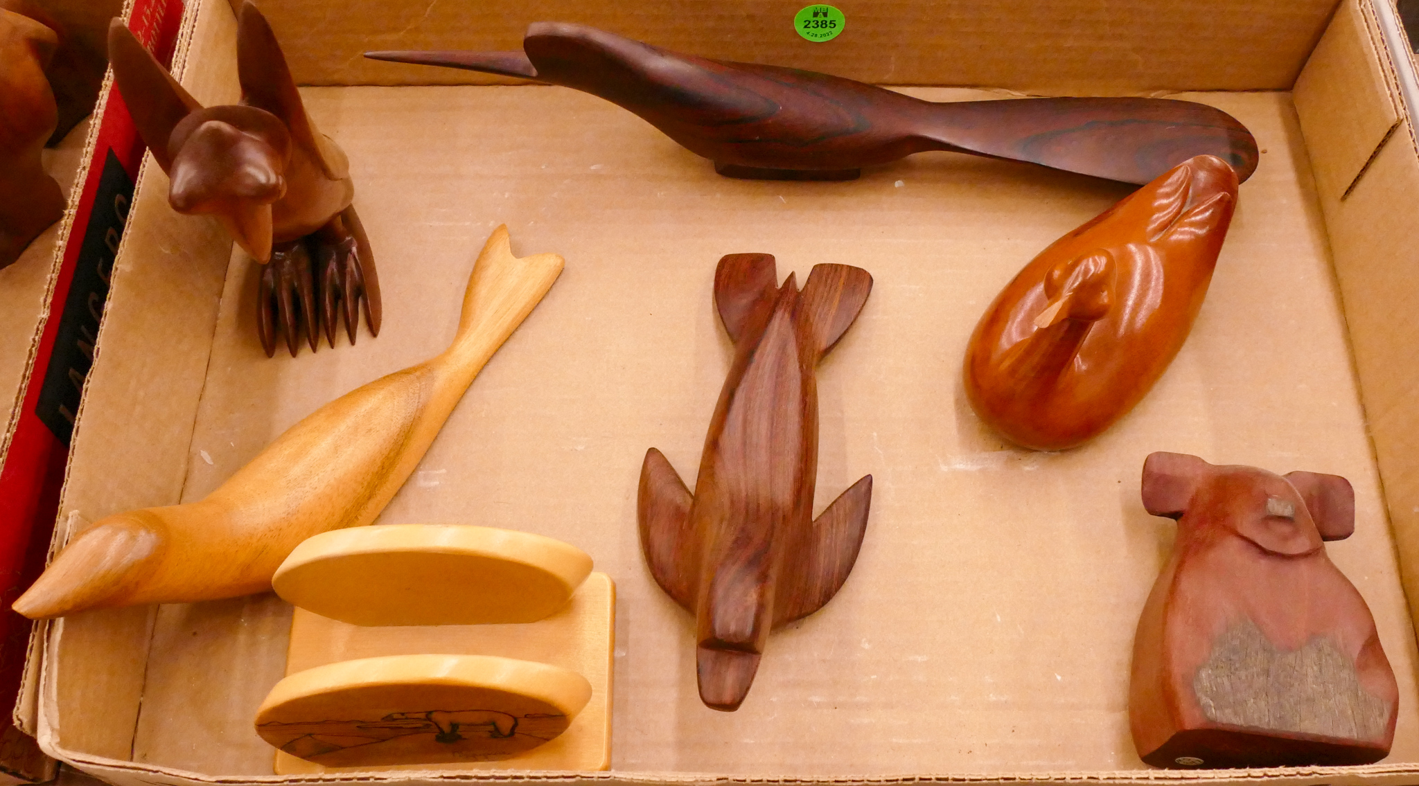 Box 7pc Carved Wood Animal Figures  2d6266
