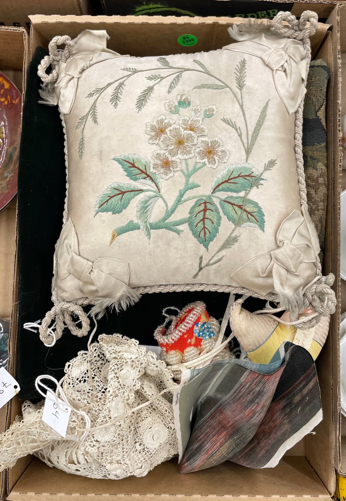 Box 7pc Antique Embroidered Pincushions,