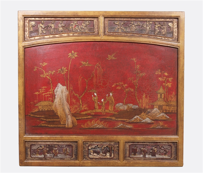 Carved red Chinese gilded panel