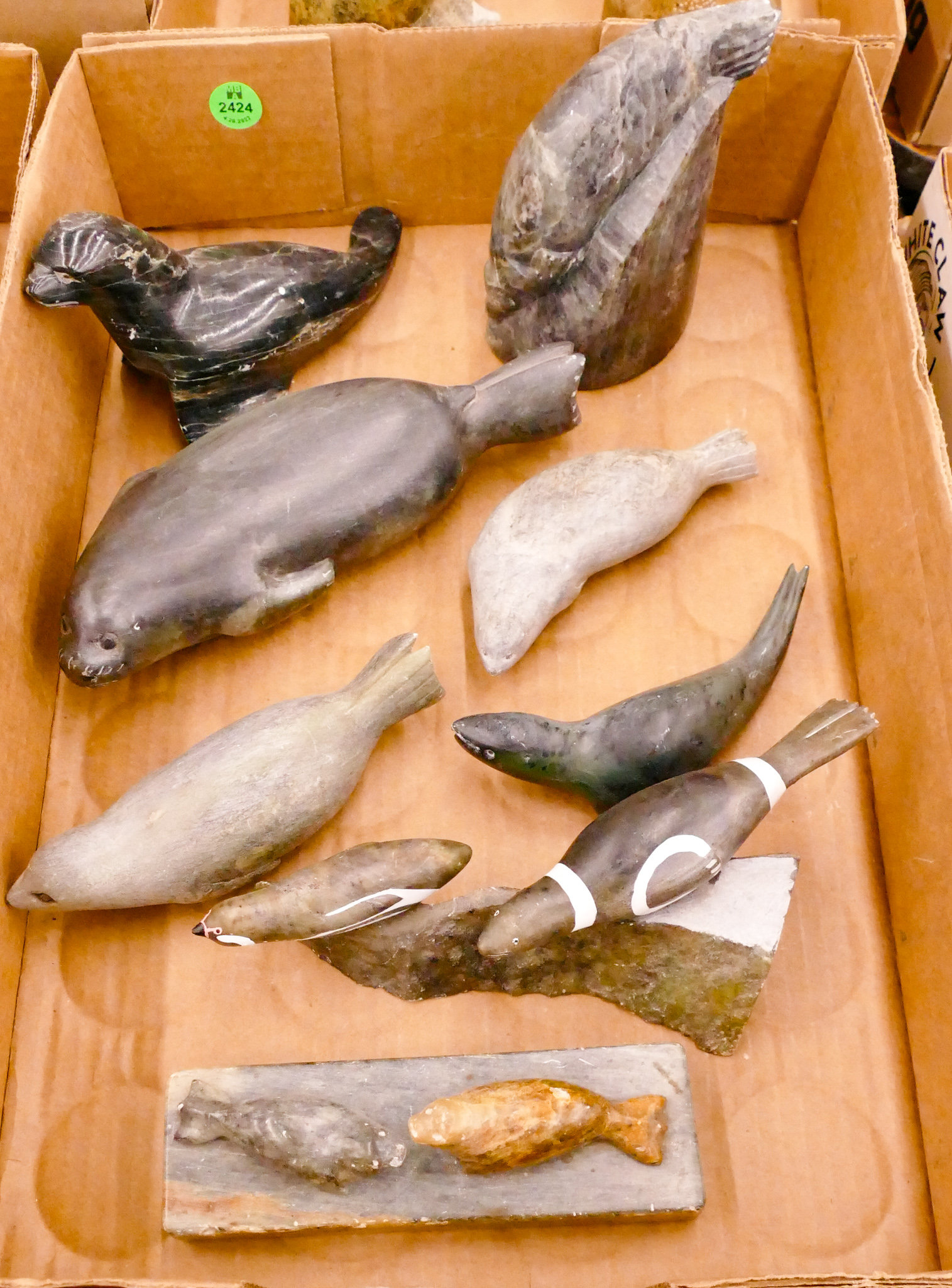 Box 8pc Alaska Soapstone Seal Carvings-